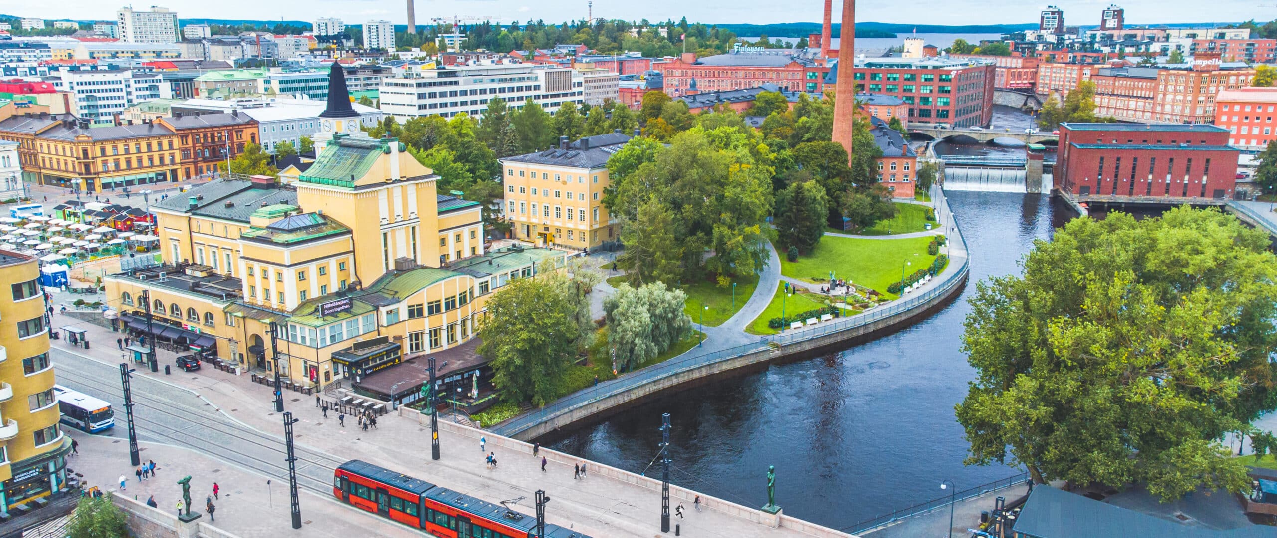 Aerial photo of Tammerkoski rapids in the city centre of Tampere