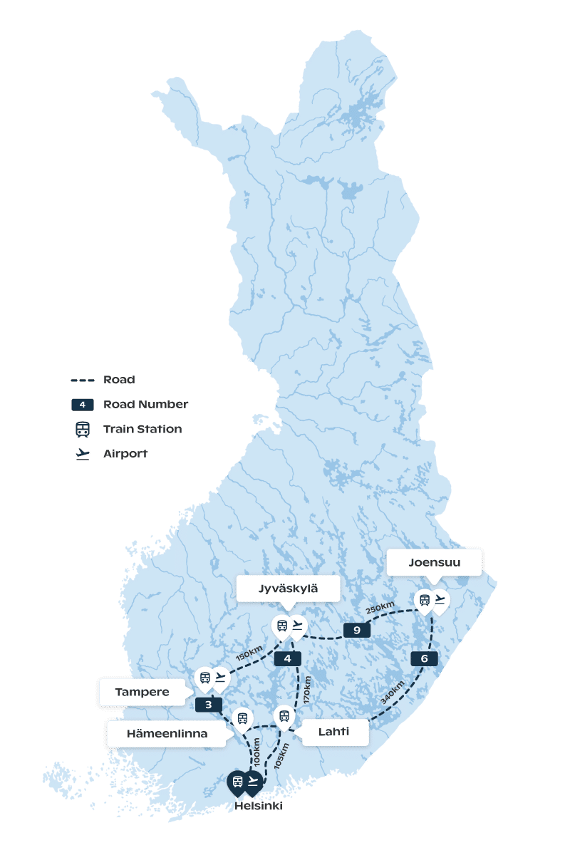 Map of routes in the lLakeland Finland