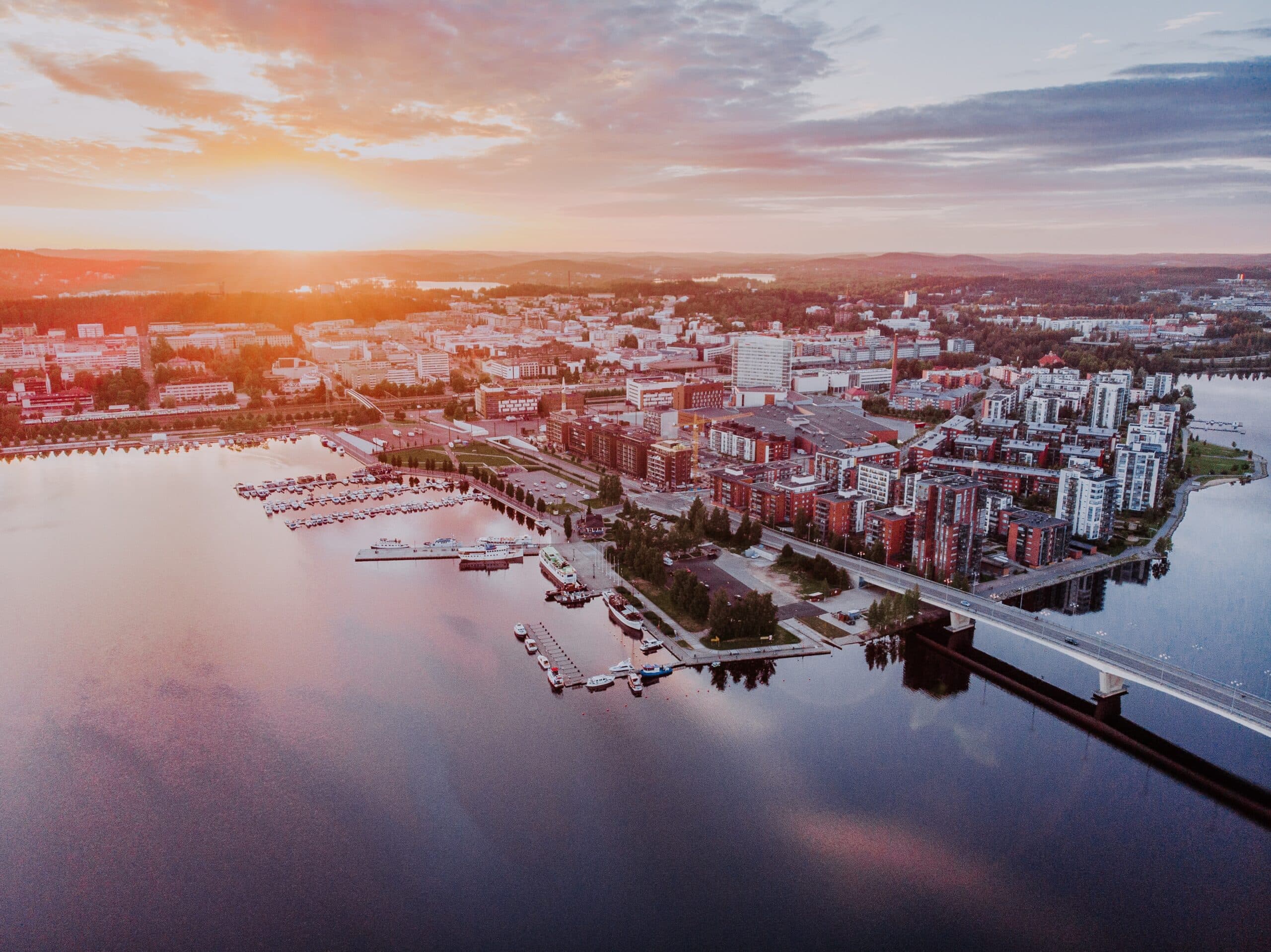 Sunset over Jyväskylä harbour and city